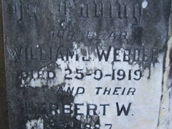 parents;  | William J. WEBBER,  | died 25-9-1919;  | Anna WEBBER,  | died 8-10-1941;  | children;  | Herbert W.,  | died 1-7-1887;  | William E.,  | died 25-11-1938;  | Cecilia A.,  | died 21-4-1895;  | Aaron Joseph,  | died 11-3-1940;  | Bald Hills (Sandgate) cemetery, Brisbane  |   | 