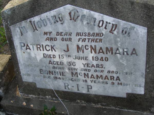 Patrick J. MCNAMARA,  | husband father,  | died 15 June 1940 aged 56 years;  | Bonnie MCNAMARA,  | son brother,  | died 12 Dec 1945 aged 18 years 9 months;  | Bald Hills (Sandgate) cemetery, Brisbane  | 