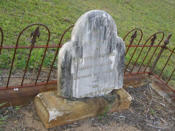 Gottfrid KRAUSE,  | born 1 May 1817,  | died 24 Jan 1900;  | Charlotte K.W. KRAUSE;  | Bald Hills (Sandgate) cemetery, Brisbane  | 