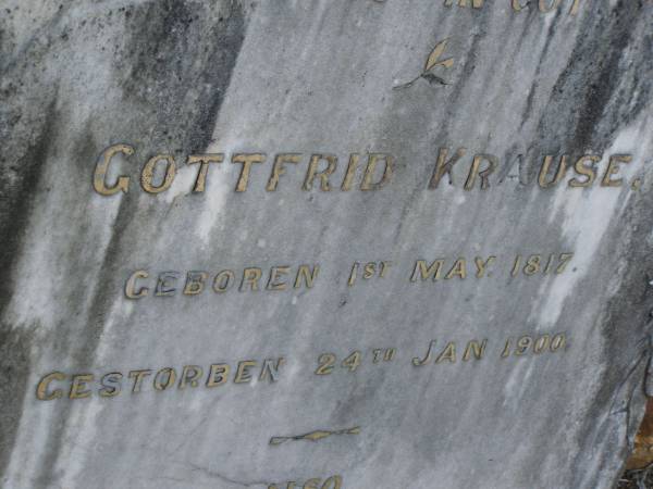 Gottfrid KRAUSE,  | born 1 May 1817,  | died 24 Jan 1900;  | Charlotte K.W. KRAUSE;  | Bald Hills (Sandgate) cemetery, Brisbane  | 