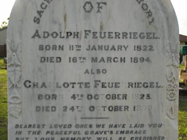 Hermann FEUERRIEGEL,  | died 3 Feb 1910 aged 61 years;  | George,  | son,  | killed in action France 12 Oct 1917 aged 33 years;  | Anna Bertha,  | wife of F.W.H. FEUERRIEGEL,  | born Nundah 29 May 1860,  | died 27 Nov 1932;  | Adolph FEUERRIEGEL,  | born 11 Jan 1822,  | died 16 March 1894;  | Charlotte FEUERRIEGEL,  | born 4 Oct 1823,  | died 24 Oct 1899;  | Bald Hills (Sandgate) cemetery, Brisbane  | 