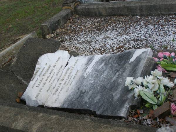 George,  | husband of Sarah BROWNE,  | died 8 Oct 1928 aged 85 years;  | Sarah BROWNE,  | died 5 Oct 1932 aged 88 years;  | Bald Hills (Sandgate) cemetery, Brisbane  | 