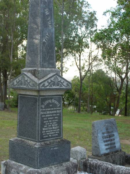 Isaac Benjamin BEST,  | husband father,  | died 26 Aug 1925 aged 62 years;  | Martha Mary,  | wife mother,  | died 8 Sept 1944 aged 78 years;  | Bald Hills (Sandgate) cemetery, Brisbane  | 