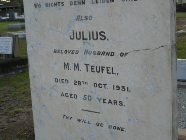 Johann Carl STREINER,  | born 14 April 1884,  | died 20 Aug 1901;  | Julius,  | husband of M.M. TEUFEL,  | died 28 Oct 1931 aged 50 years;  | Bald Hills (Sandgate) cemetery, Brisbane  | 