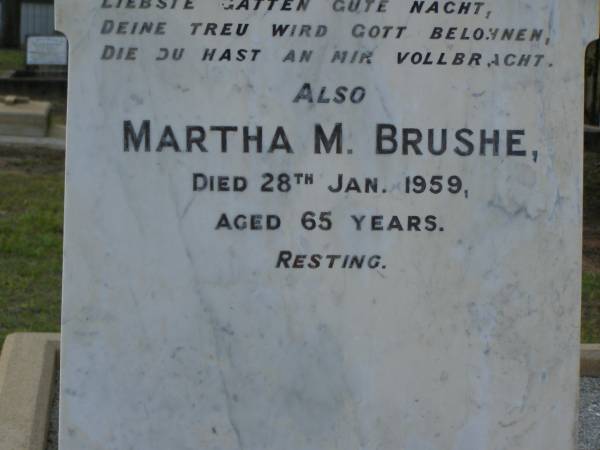 Johann Carl STREINER,  | born 23 March 1840,  | died 19 Feb 1915;  | Martha M. BRUSHE,  | died 28 Jan 1959 aged 65 years;  | Bald Hills (Sandgate) cemetery, Brisbane  | 