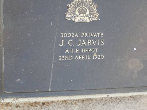 J.C. JARVIS,  | died 23 April 1920;  | Bald Hills (Sandgate) cemetery, Brisbane  | 