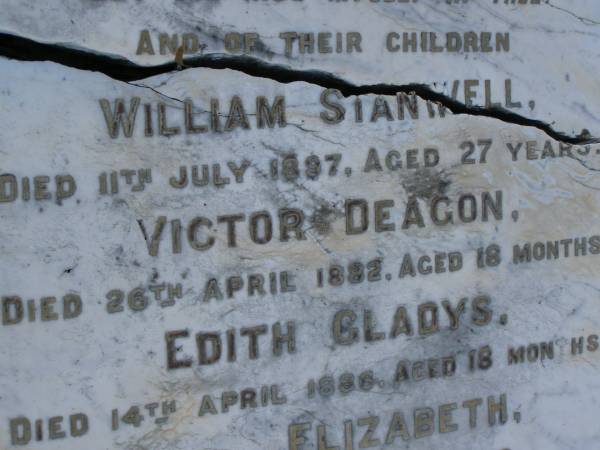 Frank RAYMOND,  | died 12 Aug 1891 aged 46 years;  | Elizabeth,  | wife,  | died 22 Feb 1908 aged 59 years;  | children;  | William Stanwell,  | died 11 July 1897 aged 27 years;  | Victor Deagon,  | died 26 April 1882 aged 18 months;  | Edith Gladys,  | died 14 April 1886 aged 18 months;  | Elizabeth,  | relict of William RAYMOND,  | of Weston Dorset England,  | mother of Frank RAYMOND,  | born 23 April 1823,  | died 23 Aug 1914?;  | Millicent RAYMOND,  | died 2 July 1931 aged 63 years;  | Catherine Ann,  | wife of William GIRLING,  | died 14 Nov 1865 aged 21 years;  | Mary Smith DEAGON,  | died 27 Nov 1866 aged 20 years;  | Bald Hills (Sandgate) cemetery, Brisbane  |   | 