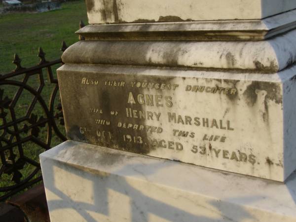 Mary DEAGON,  | mother,  | died 20 Sept 1884 aged 66 years;  | Charles Smith DEAGON,  | died Devonshire 26 March 1887 aged 29 years;  | Agnes,  | eldest daughter,  | wife of Henry MARSHALL,  | died 6 Oct 1913 aged 53 years;  | William DEAGON,  | died 3 May 1885 aged 65 years;  | Bald Hills (Sandgate) cemetery, Brisbane  | 