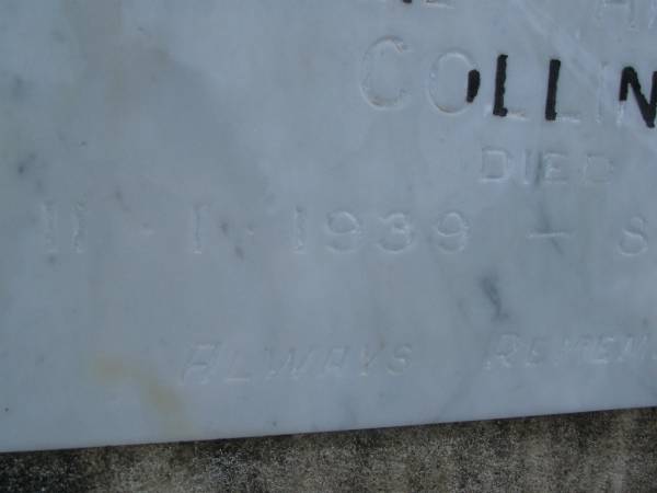 Catherine COLLINS,  | died 11 Jan 1939;  | Archibald COLLINS,  | died 8 Apr 1947;  | Bald Hills (Sandgate) cemetery, Brisbane  | 