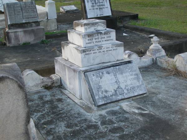 Stella VERNEY,  | died 24 Jan 1919 aged 1 year 9 months;  | William VERNEY,  | husband father,  | died 29 April 1965 aged 85 years 10 months;  | Lily VERNEY,  | wife mother,  | died 1 Feb 1967 aged 79 years;  | Bald Hills (Sandgate) cemetery, Brisbane  | 