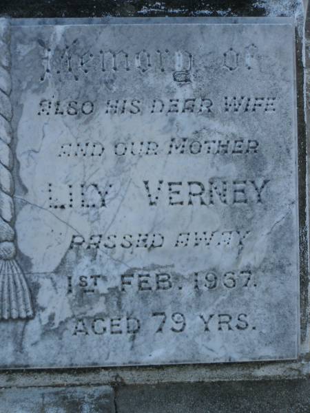 Stella VERNEY,  | died 24 Jan 1919 aged 1 year 9 months;  | William VERNEY,  | husband father,  | died 29 April 1965 aged 85 years 10 months;  | Lily VERNEY,  | wife mother,  | died 1 Feb 1967 aged 79 years;  | Bald Hills (Sandgate) cemetery, Brisbane  | 