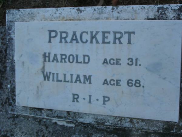 Harold PRACKERT,  | aged 31 years;  | William PRACKERT,  | aged 68 years;  | Bald Hills (Sandgate) cemetery, Brisbane  | 