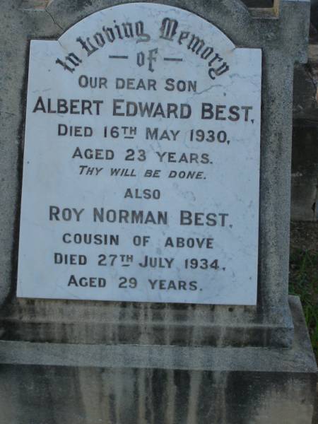 Albert Edward BEST,  | son,  | died 16 May 1930 aged 23 years;  | Roy Norman BEST,  | cousin,  | died 27 July 1934 aged 29 years;  | Benjamin Archie BEST,  | husband father,  | died 29 June 1948 aged 61 years;  | Lydia Martha Helena BEST,  | wife mother,  | died 5 May 1960 aged 74 years;  | Bald Hills (Sandgate) cemetery, Brisbane  | 