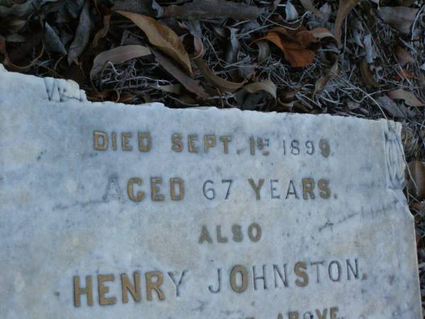 [Mary JOHNSTON],  | died 1 Sept 1899 aged 67 years;  | Henry JOHNSTON,  | son,  | died 12 July 1893 aged 21 years;  | William JOHNSTON,  | died 15 Sept 1913 aged 78 years;  | Bald Hills (Sandgate) cemetery, Brisbane  | 