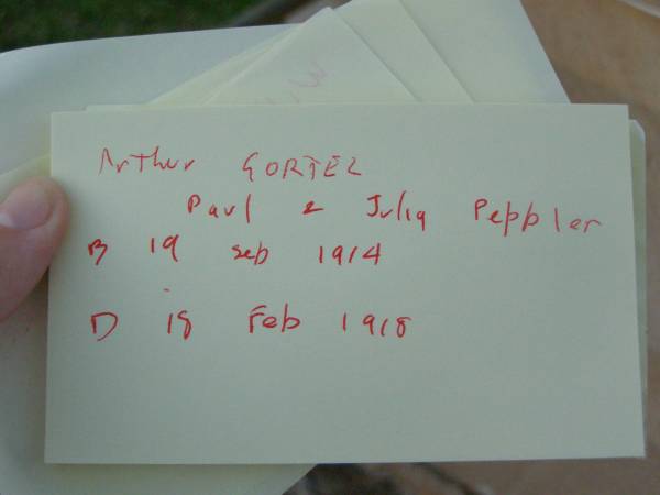 Julia PEPPLER,  | wife mother,  | born Hagenow Germany 5 May 1857,  | died 27 Aug 1927;  | Eric Amadeus Frederick,  | husband of Fanny Julia TIDD,  | father of Norma,  | born Kogarah NSW 16 March 1892,  | accidentally killed 15 April 1927;  | Arthur CORTEN,  | ??? of Paul & Julia PEPPLER,  | born 19 Sept 1914,  | died 18 Feb 1918;  | Bald Hills (Sandgate) cemetery, Brisbane  | 