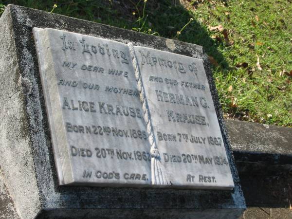 Alice KRAUSE,  | wife mother,  | born 22 Nov 1895 died 20 Nov 1962;  | Herman G. KRAUSE,  | father,  | born 7 July 1887 died 20 May 1974;  | Bald Hills (Sandgate) cemetery, Brisbane  | 