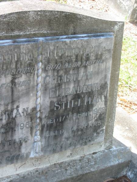 Leonard STILLMAN,  | husband father,  | died 28 Oct 1961 aged 78 years;  | Elizabeth STILLMAN,  | mother,  | died 17 April 1968 aged 74 years;  | Bald Hills (Sandgate) cemetery, Brisbane  | 