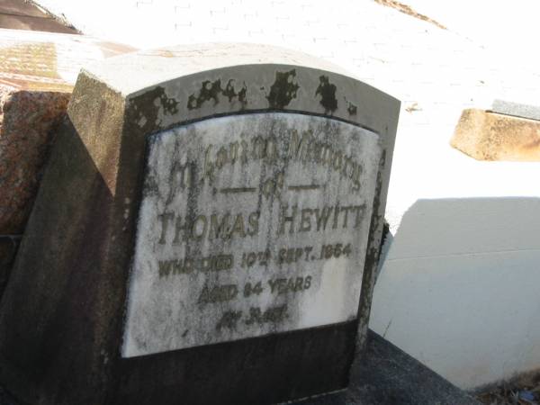 Thomas HEWITT,  | died 10 Sept 1954 aged 84 years;  | Bald Hills (Sandgate) cemetery, Brisbane  | 