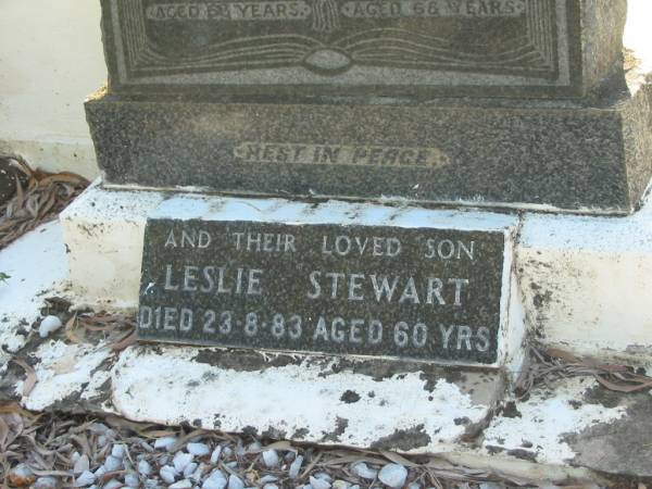 Jane HUTCHISON,  | wife mother,  | died 22-2-1953 aged 63 years;  | Benjamin Stewart,  | husband father,  | died 28-1-1957 aged 68 years;  | Leslie Stewart,  | son,  | died 23-8-83 aged 60 years;  | Bald Hills (Sandgate) cemetery, Brisbane  | 