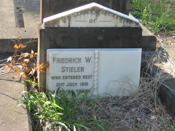 Friedrich W. STIELER,  | died 21 July 1951 aged 69 years;  | Bald Hills (Sandgate) cemetery, Brisbane  | 