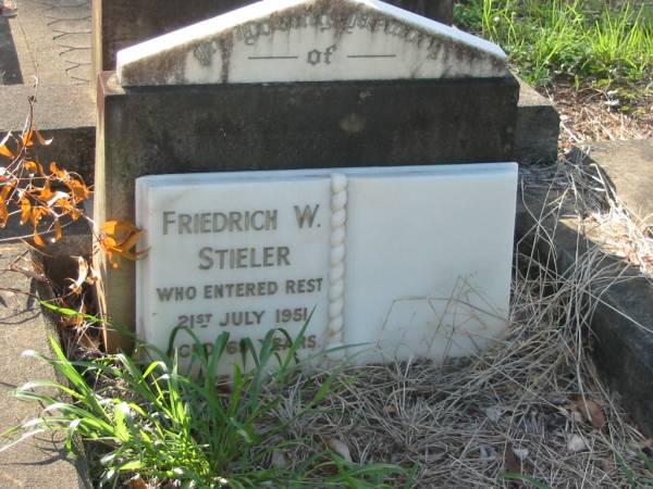 Friedrich W. STIELER,  | died 21 July 1951 aged 69 years;  | Bald Hills (Sandgate) cemetery, Brisbane  | 