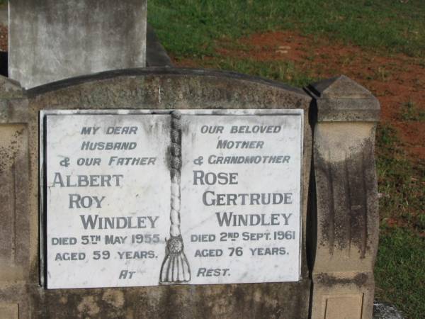 Albert Roy WINDLEY,  | husband father,  | died 5 May 1955 aged 59 years;  | Rose Gertrude WINDLEY,  | mother grandmother,  | died 2 Sept 1961 aged 76 years;  | Bald Hills (Sandgate) cemetery, Brisbane  | 
