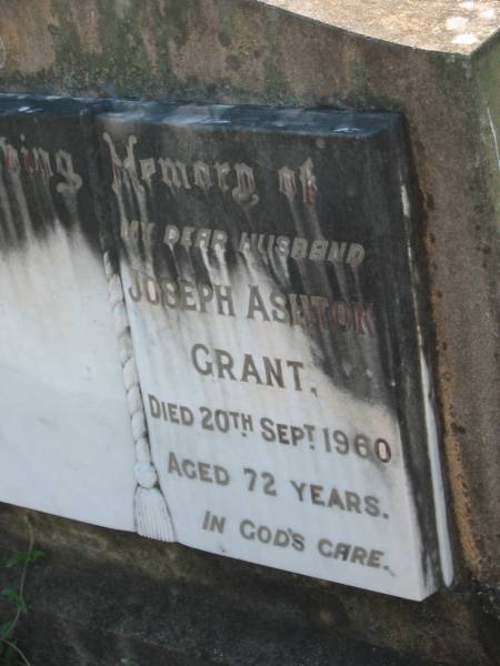 Jospeh Ashton GRANT,  | husband,  | died 20 Sept 1960 aged 72 years;  | Bald Hills (Sandgate) cemetery, Brisbane  | 