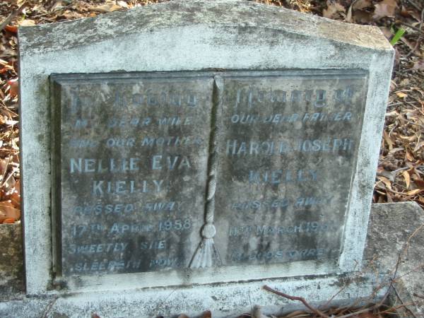 Nellie Eva KIELLY,  | wife mother,  | died 17 April 1958;  | Harold Joseph KIELLY,  | father,  | died 11 March 1961;  | Bald Hills (Sandgate) cemetery, Brisbane  | 