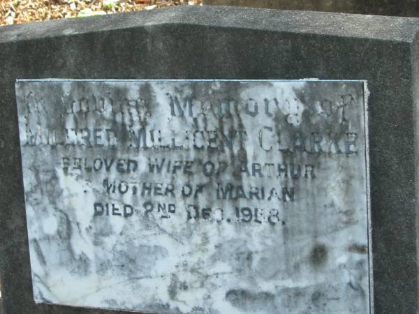 Mildred Millicent CLARKE,  | wife of Arthur,  | mother of Marian,  | died 2 Dec 1958;  | Bald Hills (Sandgate) cemetery, Brisbane  | 