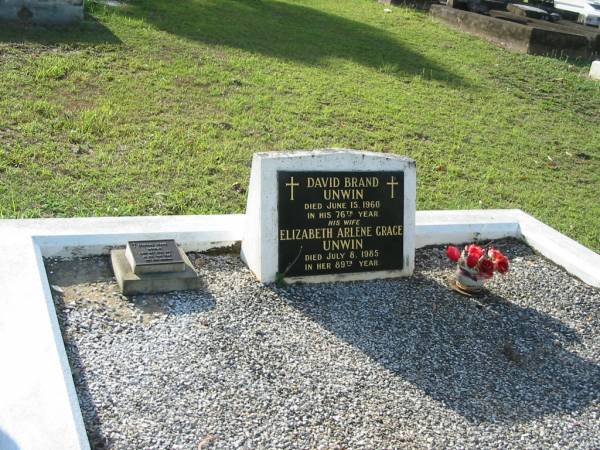 David Brand UNWIN,  | died 15 June 1960 in 76th year;  | Elizabeth Arlene Grace UNWIN,  | died 8 July 1985 in 89th year;  | Douglas Brand UNWIN,  | died 24 May 1997 in 74th year;  | Bald Hills (Sandgate) cemetery, Brisbane  | 