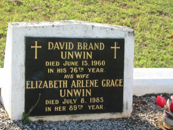 David Brand UNWIN,  | died 15 June 1960 in 76th year;  | Elizabeth Arlene Grace UNWIN,  | died 8 July 1985 in 89th year;  | Douglas Brand UNWIN,  | died 24 May 1997 in 74th year;  | Bald Hills (Sandgate) cemetery, Brisbane  | 