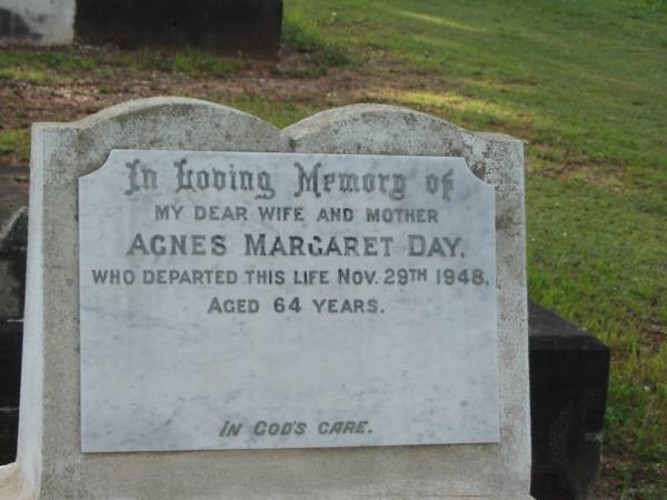 Agnes Margaret DAY,  | wife mother,  | died 29 Nov 1949 aged 64 years;  | Bald Hills (Sandgate) cemetery, Brisbane  | 