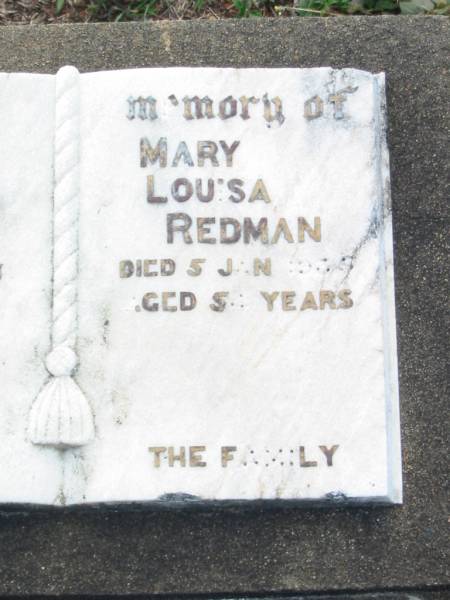 William Frederick REDMAN,  | died 15 Feb 1943 aged 66 years;  | Mary Louisa REDMAN,  | died 5 Jan 1936 aged 54 years;  | Bald Hills (Sandgate) cemetery, Brisbane  | 