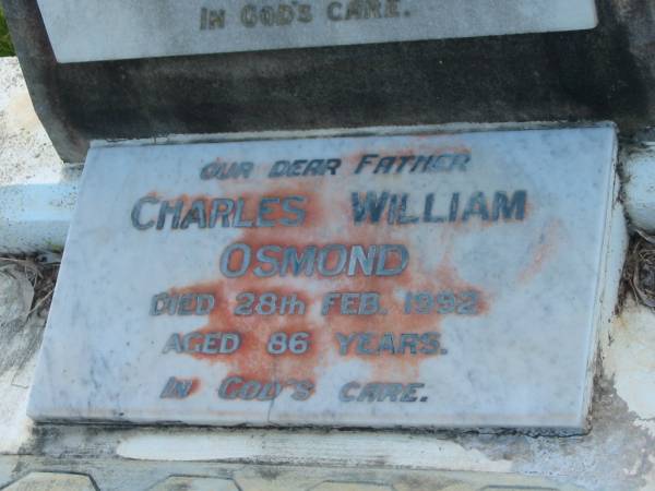 Margaret Caroline OSMOND,  | daughter,  | died 28 July 1949 aged 19 months;  | Charles William OSMOND,  | father,  | died 28 Feb 1992 aged 86 years;  | Bald Hills (Sandgate) cemetery, Brisbane  | 