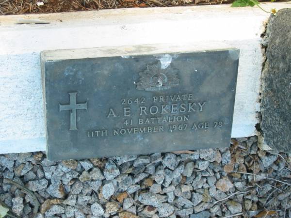 Aden (Bud) A. ROKESKY,  | died 14-9-1990 aged 69 years;  | Hazel E. ROKESKY,  | wife,  | died 24-6-2001 aged 77 years;  | A.E. ROKESKY,  | died 11 Nov 1967 aged 78 years;  | Raymond (Rocky) A. ROKESKY,  | son brother,  | died 21 March 1950 aged 21 years;  | Bald Hills (Sandgate) cemetery, Brisbane  | 