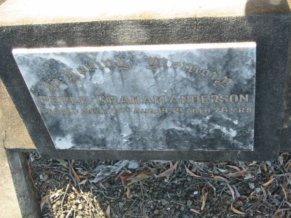 Peter Graham ANDERSON,  | died 6 Aug 1959 aged 76 years;  | Bald Hills (Sandgate) cemetery, Brisbane  | 