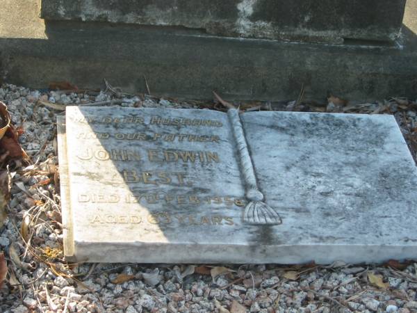 John Edwin BEST,  | husband father,  | died 17 Feb 1958 aged 63 years;  | Bald Hills (Sandgate) cemetery, Brisbane  | 