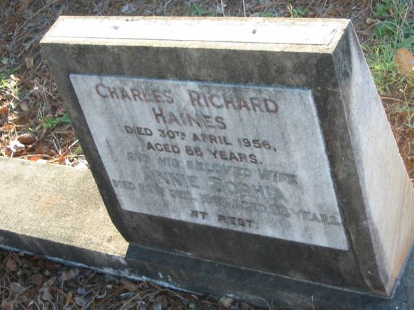 Charles Richard HAINES,  | died 30 April 1956 aged 86 years;  | Annie Sophia,  | wife,  | died 22 Dec 1964 aged 93 years;  | Bald Hills (Sandgate) cemetery, Brisbane  | 