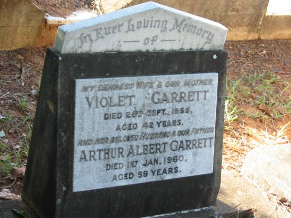 Violet GARRETT,  | wife mother,  | died 28 Sept 1955 aged 42 years;  | Arthur Albert GARRETT,  | husband father,  | died 1 Jan 1960 aged 59 years;  | Bald Hills (Sandgate) cemetery, Brisbane  | 