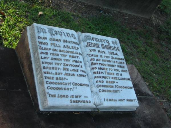 Jennie MANNING,  | mother,  | died 2 Nov 1954;  | Bald Hills (Sandgate) cemetery, Brisbane  | 