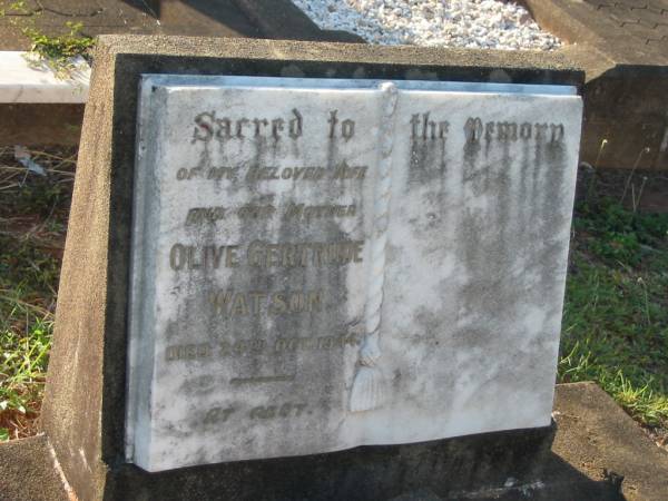Olive Gertrude WATSON,  | wife mother,  | died 24 Oct 1944;  | Bald Hills (Sandgate) cemetery, Brisbane  | 