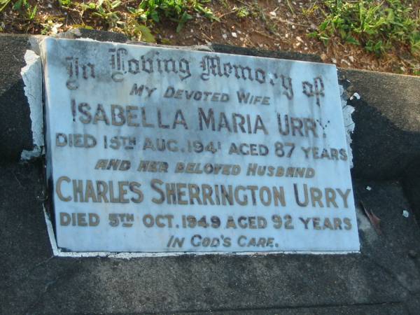 Isabella Maria URRY,  | wife,  | died 15 Aug 1941 aged 87 years;  | Charles Sherrington URRY,  | husband,  | died 5 Oct 1949 aged 92 years;  | Bald Hills (Sandgate) cemetery, Brisbane  | 
