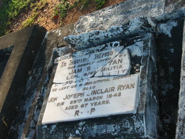 James J. (Jumbo) RYAN,  | died 25 July 1940 aged 21 years;  | John Joseph Sinclair RYAN,  | died 25 March 1942 aged 67 years;  | Bald Hills (Sandgate) cemetery, Brisbane  | 