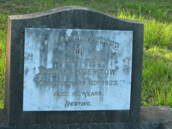Louise KREMZOW,  | mother,  | died 6 Feb 1923 aged 45 years;  | Bald Hills (Sandgate) cemetery, Brisbane  | 
