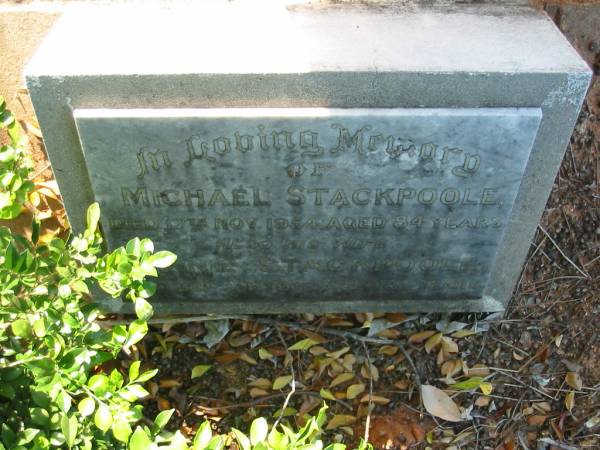 Michael STACKPOOLE,  | died 17 Nov 1954 aged 84 years;  | Minnie STACKPOOLE,  | died 5 Jan 1969 aged 82 years;  | Bald Hills (Sandgate) cemetery, Brisbane  | 
