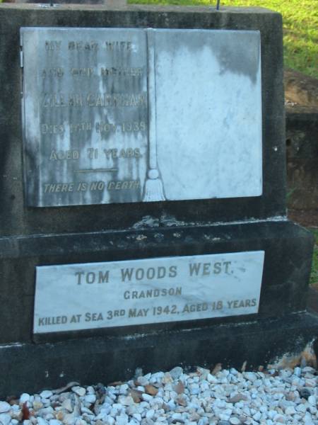 Zillah GARNHAM,  | wife mother,  | died 14 Nov 1939 aged 71 years;  | Tom Woods WEST,  | grandson,  | killed at sea 3 May 1942 aged 18 years;  | Bald Hills (Sandgate) cemetery, Brisbane  | 