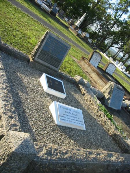 Roderick MACDONALD,  | born Benbecule Uist Inverness Shire 23 Oct 1861  | died Brisbane 4 Feb 1940 aged 78 years;  | Louisa Maria,  | wife,  | died Brisbane 5 Oct 1967 aged 98 years;  | Christina Jessie MACDONALD,  | daughter of Roderick & Louisa MACDONALD,  | born 23-2-1902,  | died 10-4-1994;  | Bald Hills (Sandgate) cemetery, Brisbane  | 