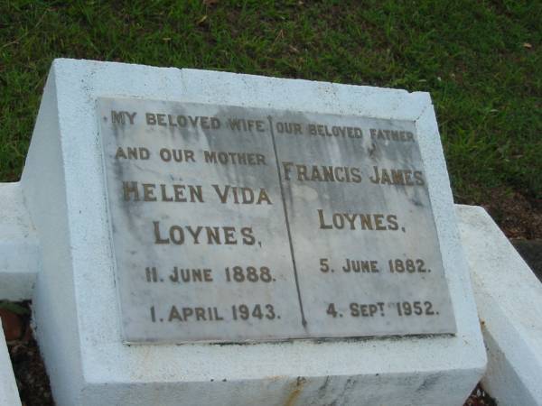 Helen Vida LOYNES,  | wife mother,  | 11 June 1888 - 1 April 1943;  | Francis James LOYNES,  | father,  | 5 June 1882 - 4 Sept 1952;  | Mavis DOBBINS,  | wife,  | 12-10-1930 - 18-8-1996;  | John James DOBBINS,  | dad granddad,  | 27-1-1920 - 23-9-2003;  | remembered by Kevin, Edwin, Kathryn, Maggie & Graham;  | Bald Hills (Sandgate) cemetery, Brisbane  | 