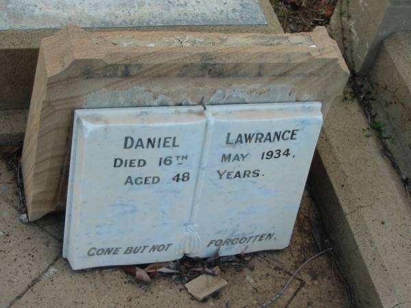 Daniel LAWRANCE,  | died 16 May 1934 aged 48 years;  | Bald Hills (Sandgate) cemetery, Brisbane  | 