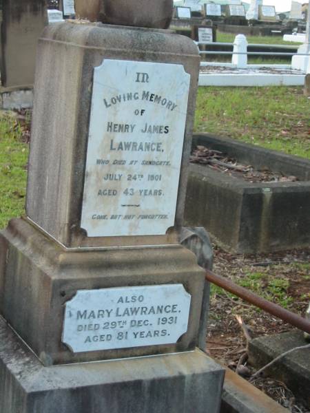 Henry James LAWRANCE,  | died Sandgate 24 July 1901 aged 43 years;  | Mary LAWRANCE,  | died 29 Dec 1931 aged 81 years;  | Bald Hills (Sandgate) cemetery, Brisbane  | 